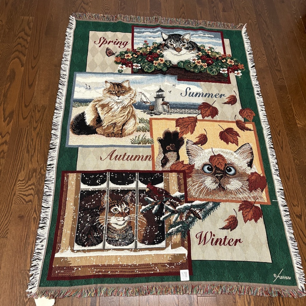 Seasonal Cat Tapestry Throw Goodwin Weavers by Crown Crafts 46" x 67" With Tags